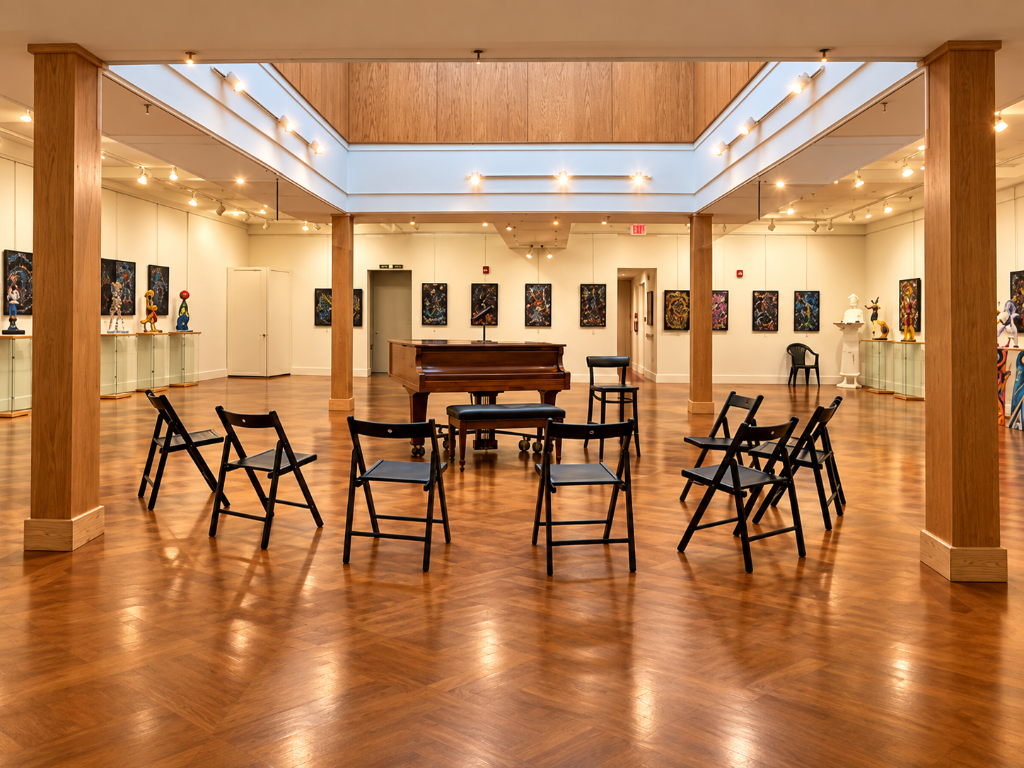 Chairs arranged around a piano beneath the skylight in the Museum's gallery, surrounded by art on the walls and pedestals